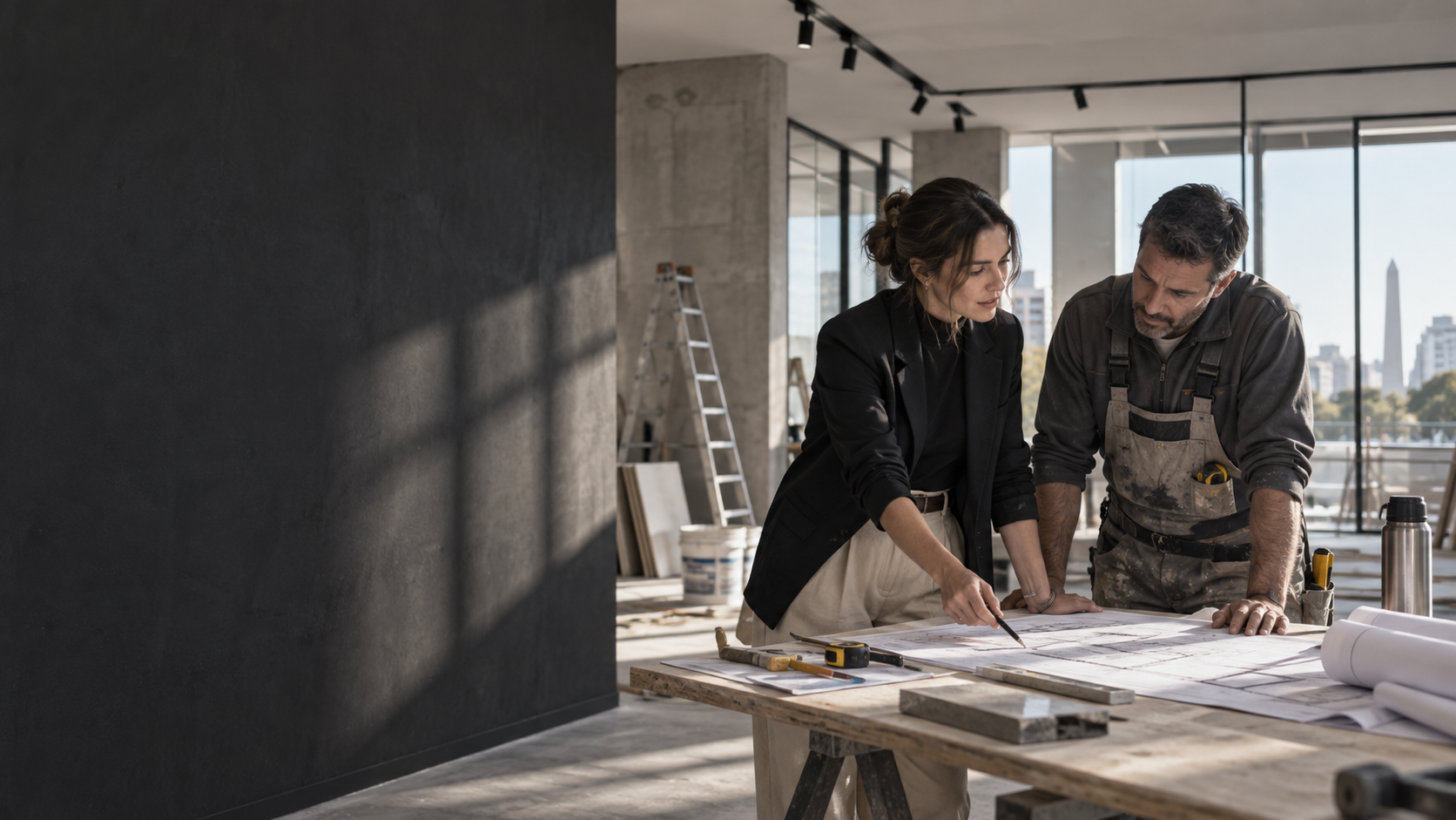 Arquitecta y profesional técnico coordinando una obra